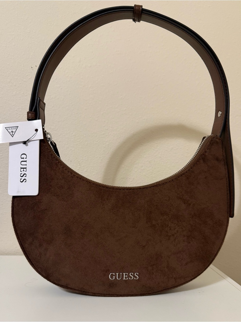 GUESS Brown Suede Crescent Hobo Bag
